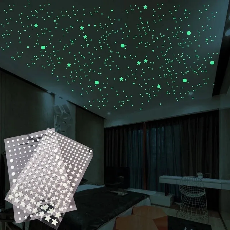 Luminous 3D Stars Dots Wall Sticker for Kids Room Bedroom Home Decoration Glow In The Dark Moon Decal Fluorescent DIY Stickers 240418