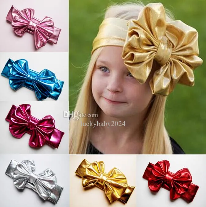 Metal Color Nieuwste Bow Hair Band Bronzing Headband Baby Metallic Big Bow Elastic Headband Vintage Head Wrap Hair Accessoires