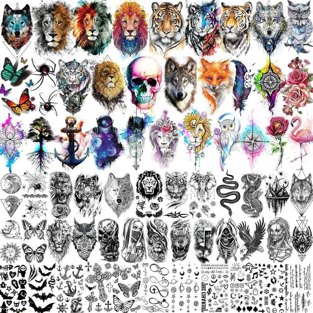 Transfert de tatouage 66 feuilles 3d Adatermols Tatouages temporaires pour femmes hommes tatouage papier faux lion lion wolf tiger tatoos tato durée 240427