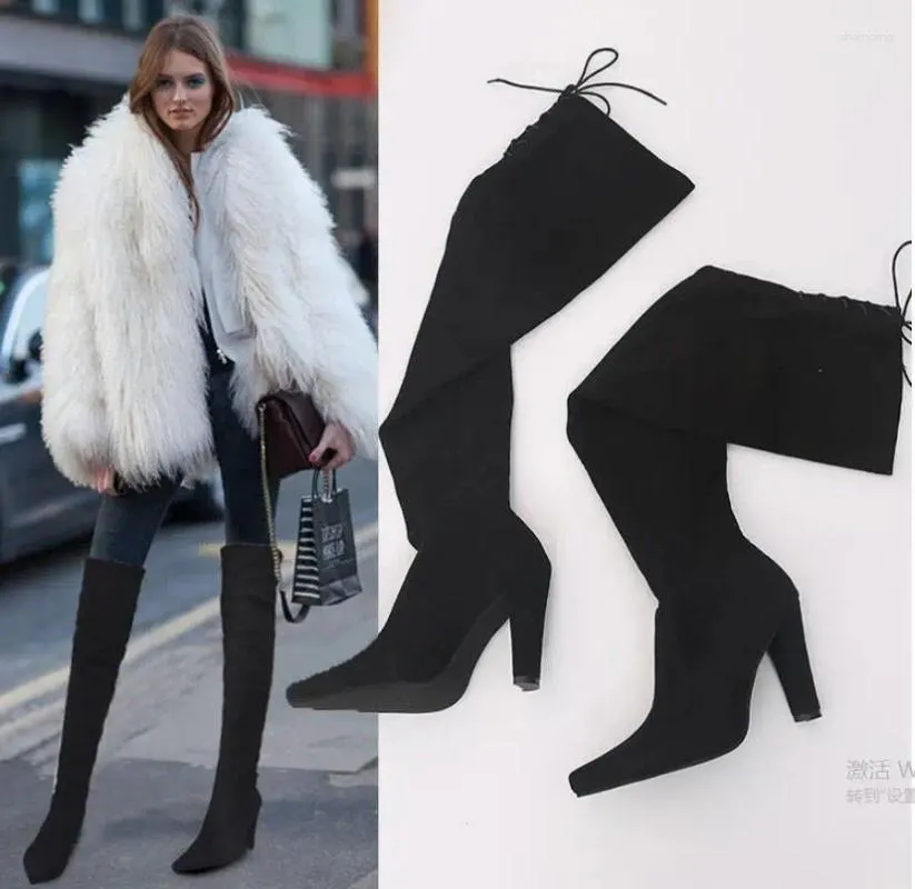 ブーツ2024ファッション女性靴暖かい秋の冬の膝のかかとのスエード長い快適な四角いボチンムジャーハイヒール