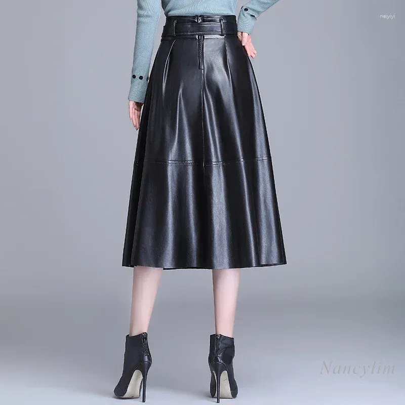 تنورات Midi Leather Skirt Woman 2024 الخريف والشتاء الحقيقي متوسط ​​متوسط ​​الخصر البرجي من جلد الغنم A- خط Falda