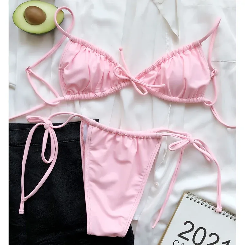 セットセクシーなしわのミニトンビキニセット2023 Mujer New Summer Swimbwear Women Backless Bathing Suit Push Up水着