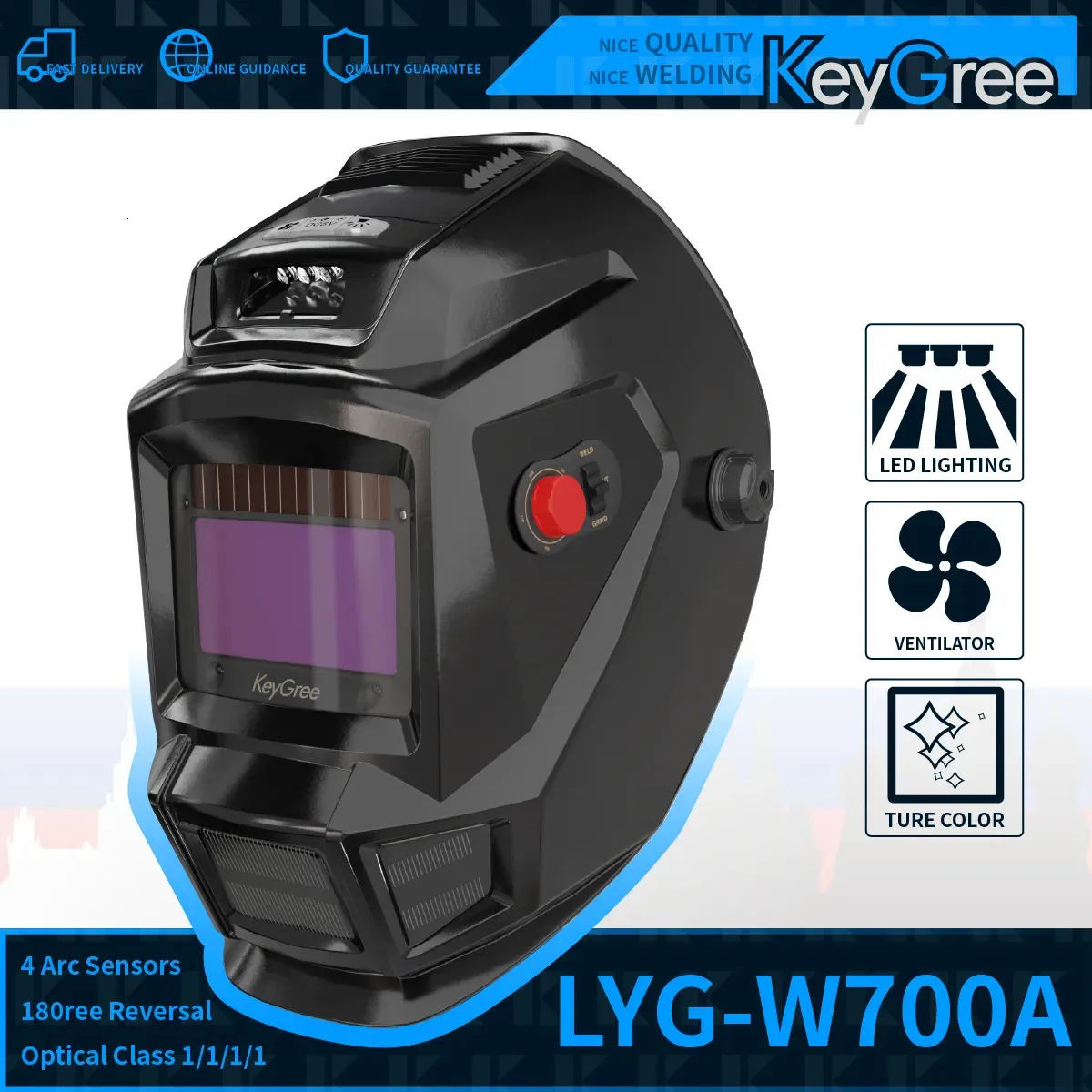 Keygree Welding Mask Solar充電LED Light Optica Class1/1/1/1排気システムクールネスファンChameleon溶接ヘルメットキャップW700A 240423