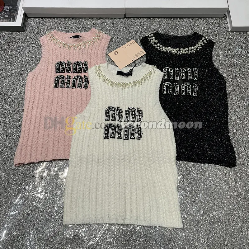 Pearl Neck Vest Women Knitted T Shirt Rhinestone Letter Tanks Top Spring Summer Knits Tees