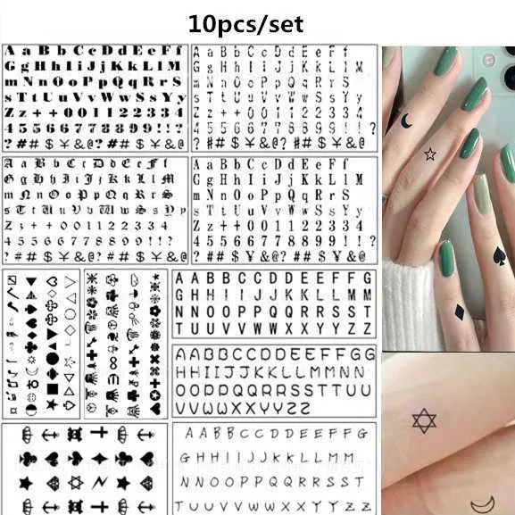 Tatueringsöverföring 10 ark Alfabetet tillfälligt tatuering klistermärken svart engelska korskronan hjärtnummer liten falsk tatuering för fingerhandsledare män 240427