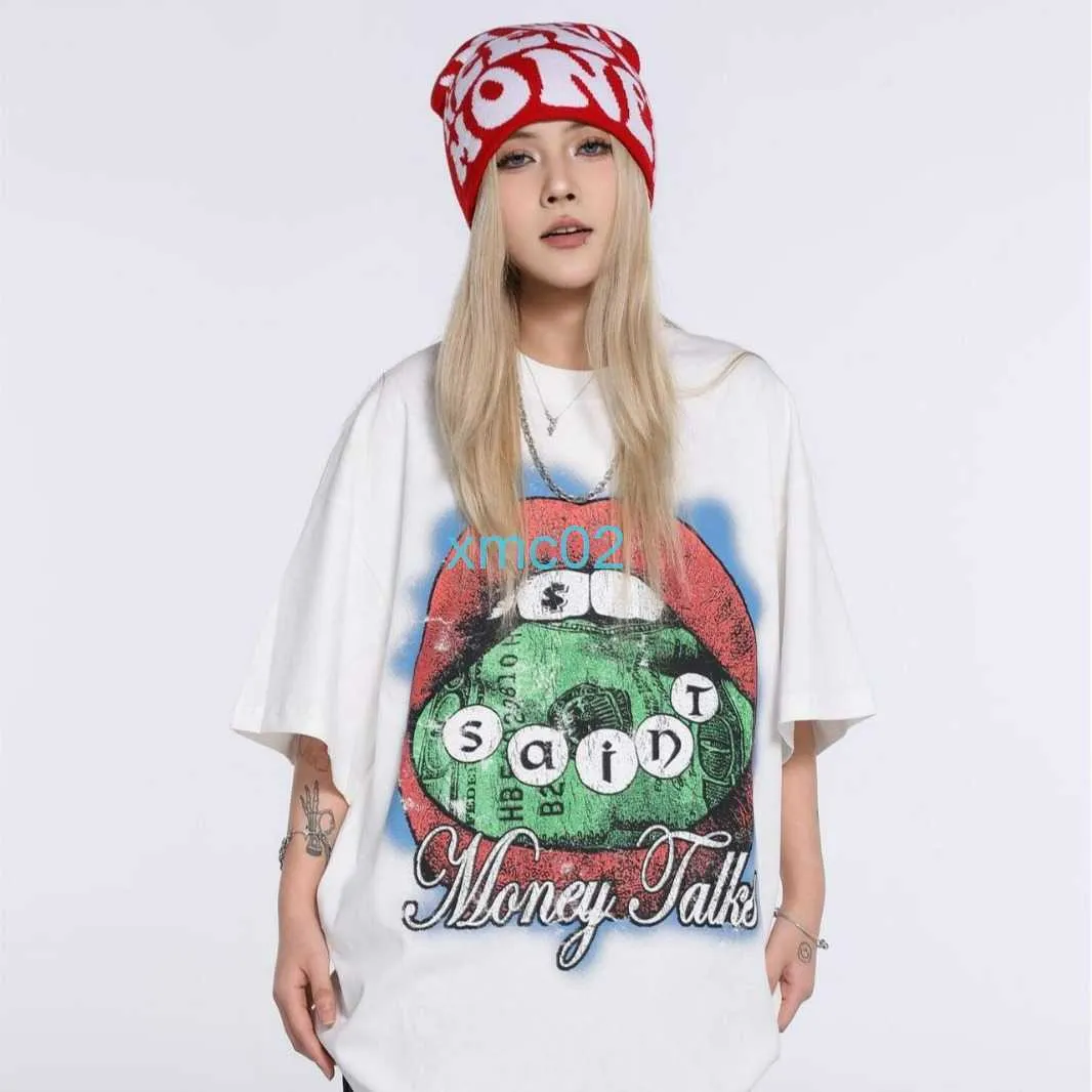 Святой Майкл винтаж губа абстрактная печатная футболка американская нишевая модная бренда свободные хлопковые короткие рукава