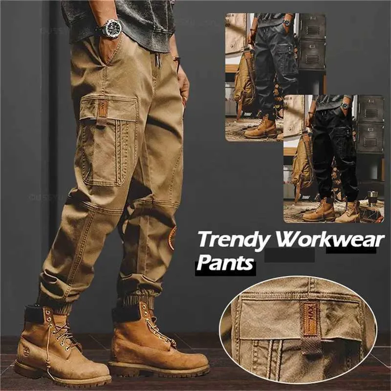 Men's Pants Spring Mens Cargo Pants 2024 New Multi Pocket Tactical Pants Casual Loose Streetwear Solid Color Loose Elastic Straight PantsL2404