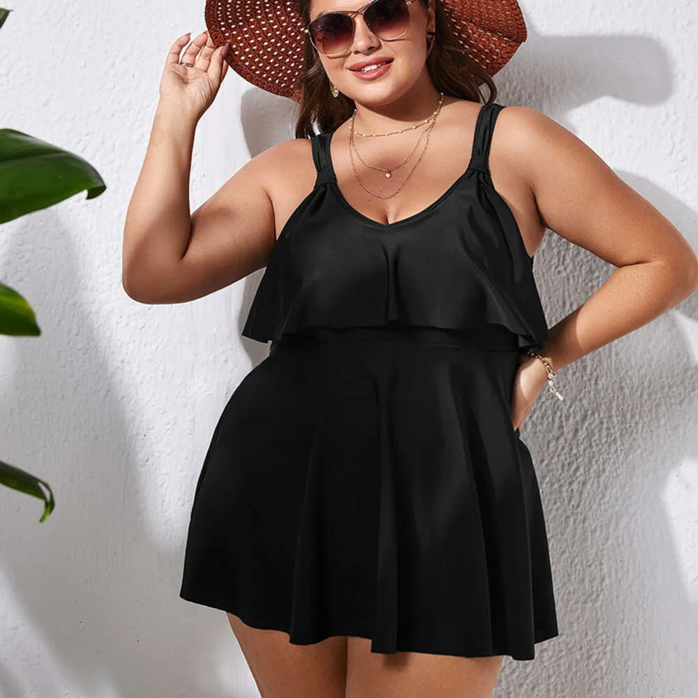 New Fat Up Women's One Piece Bikini Solid Color Conservative Skirt with Ruffle Edge Swimsuit