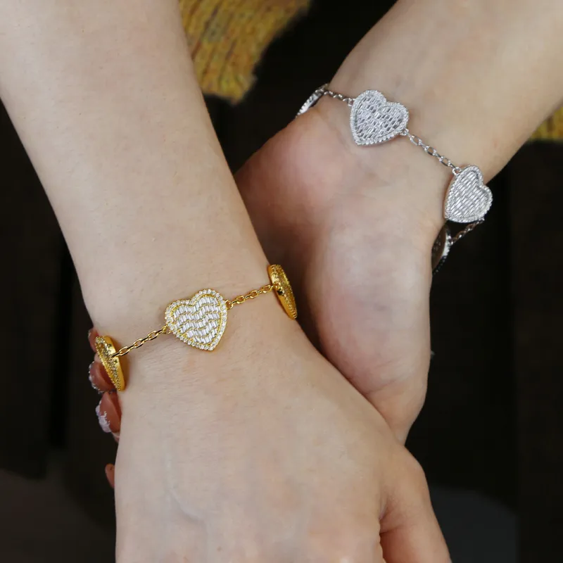 Braceletas de encanto de corazón bling cz para mujeres con brazalete de cadena de enlace de circonia cúbica con joyería de moda de cadena de extensión