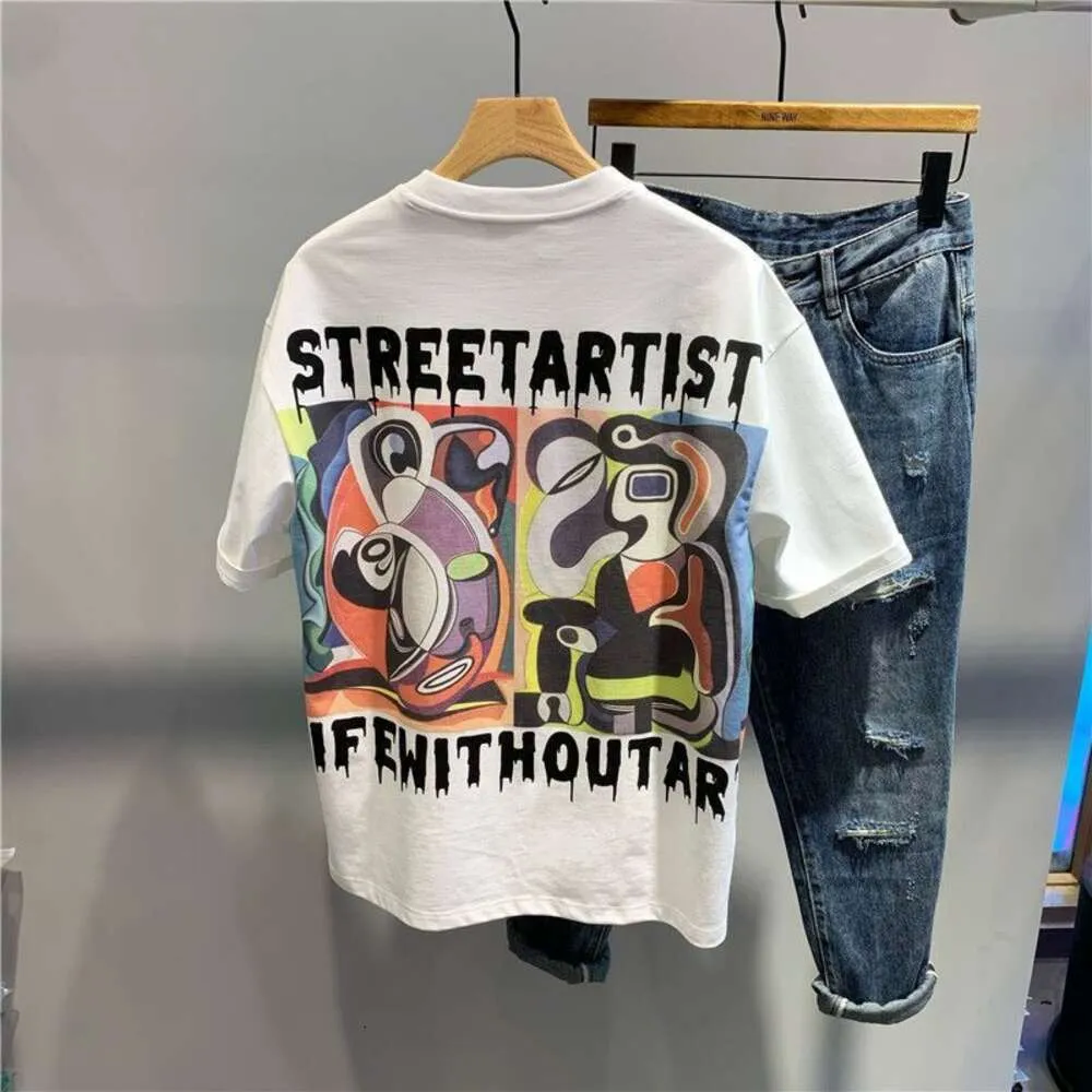 DESIGNER SHIRTS Summer Graffiti Loose Fashionable Personality Letter Print Color Blocking Youth Round Neck T-shirt Trend Men's Clothing graphic shirt