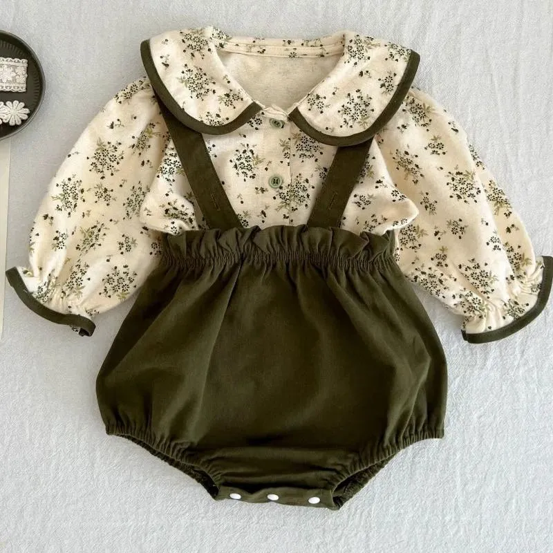Kleidungssets 2pcs Set Frühling Kleinkind Baby Girls Florale Bluse Rüsche grüner Bodysuit Anzug 0-3y geborene Langarmhemden Hemden Rock