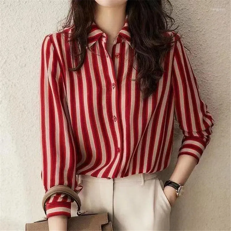 Camicette da donna classiche eleganti eleganti eleganti a strisce rosse a strisce lunghe Lady abbottoni camicie sciolte per le donne abbigliamento E726