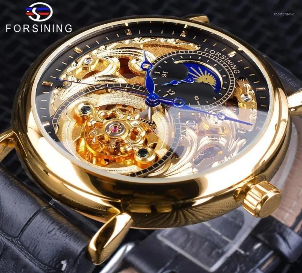 Forsining Golden Skeleton Clock Männliche Mondphase fashion blaue Hände wasserdichte Männer039s Automatische Uhren Top15148011