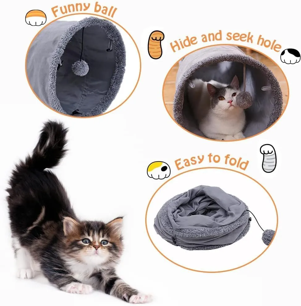 Bininl Cat Tunnel & Cave Bed - 24 Inch Peekaboo Donut Play House For Indoor Cats (Dark Grey)