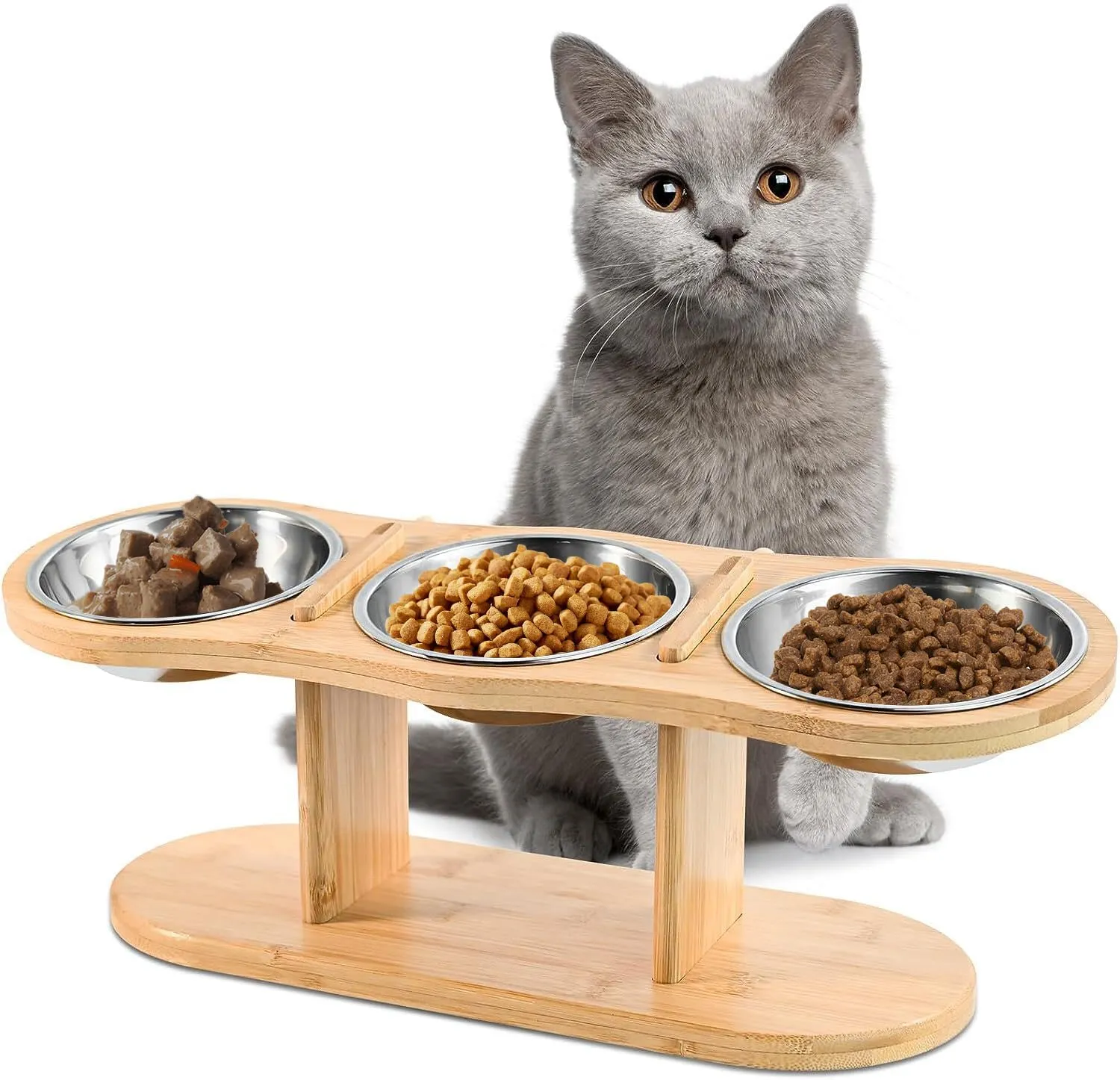 Elevated Cat Bowls with 15° Tilted Bamboo Stand, 3 Stainless Steel ...