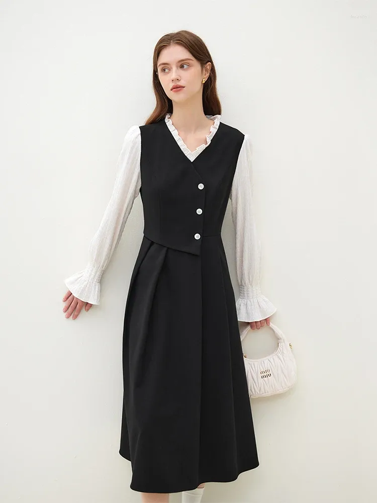 Casual Dresses FSLE V-Neck Patchwork Design Women Long Black Office Lady 2024 Winter Twill Thicken Mid-Length Dress