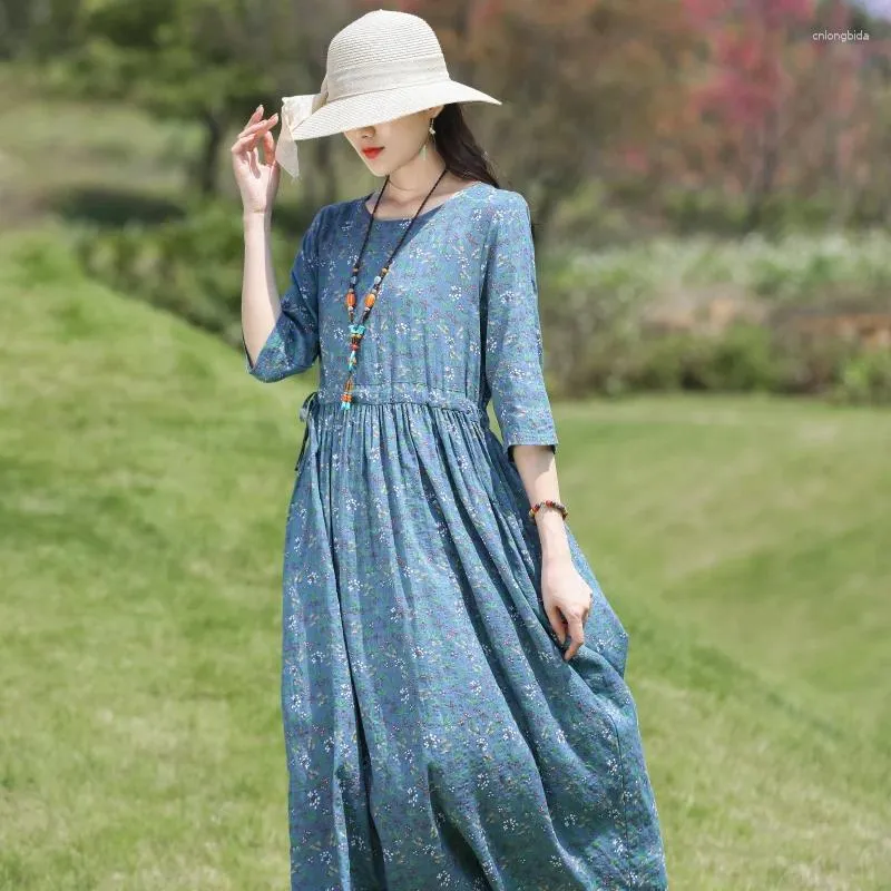 Party Dresses Half Sleeve Print Floral Prairie Chic Vintage Spring Summer Dress Cotton Linen O-neck Fashion Women Travel Casual Long