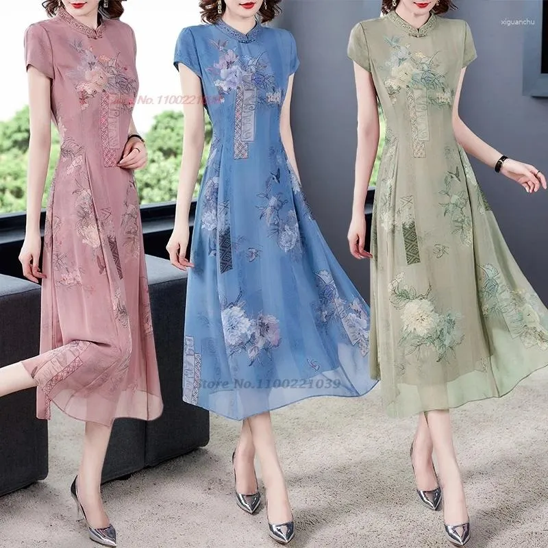 Ethnic Clothing 2024 Chinese Vintage Dress Improved Cheongsam National Flower Print A-line Chiffon Qipao Oriental Banquet Evening Vestido