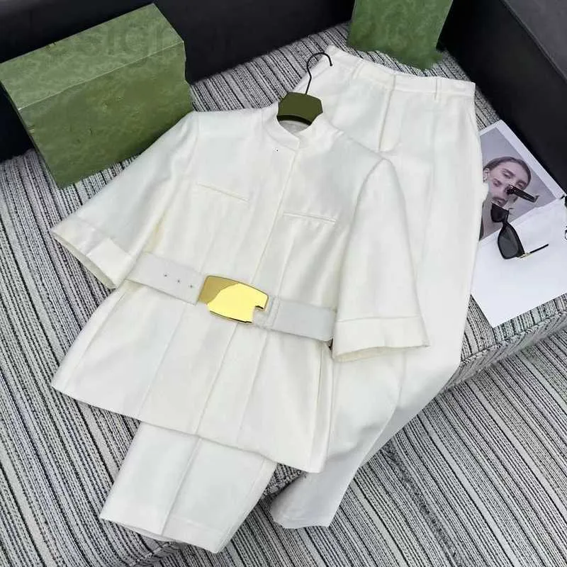 Women's Two Piece Pants Designer 24 Spring/Summer Fashion Stand up Neck 5/4 Sleeve Suit Set Classic Lace up Metal Coat+Pants 5H9V