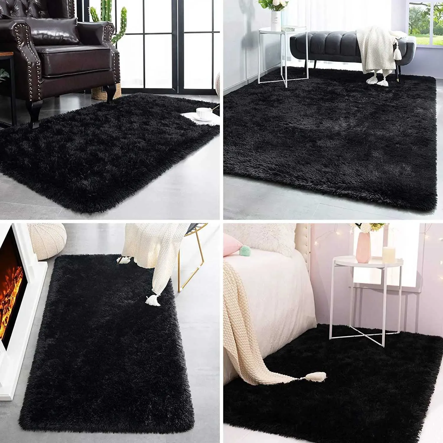 Carpets Shag Area Rug for Living Room Black Plush Carpets Indoor Bedroom Rugs Non Skid Soft Fluffy Rug for Nursery Kids Boys Girls Room