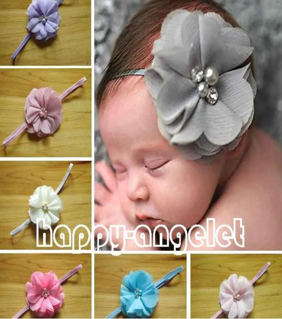 40pcs 3quot Chiffon hair bow flower hair accessories kids baby pearl lace applique stretchy Ropes Elastic Headband skinny hair b1496198