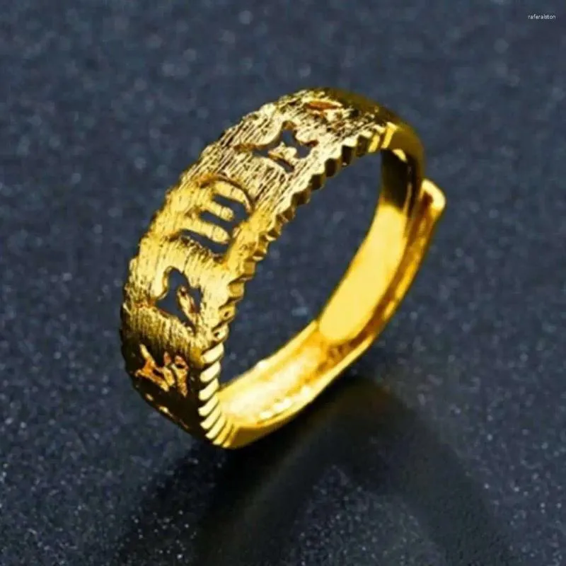 Anillos de racimo Gold Hollow Hollow Seis personajes Ring Real Word Ring Vintage Men's Lucky Faith in Wealth Jewelry Apente ajustable