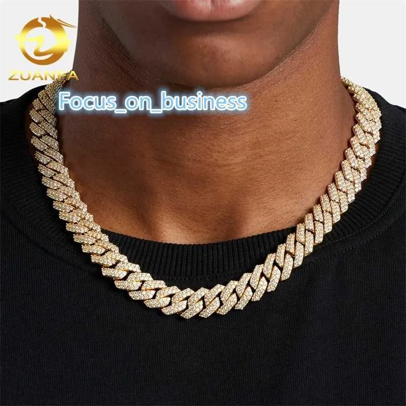 Yellow Gold Plated White Cz Cubic Zirconia Iced Out Hip Hop Silver Plated 14MM Miami Cuban Link Chain Necklace