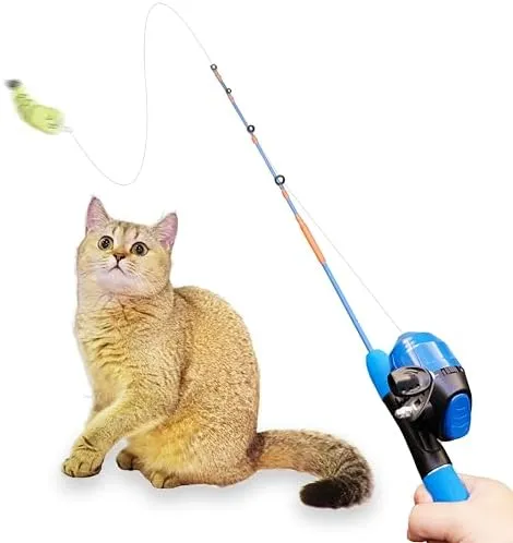 cats fishing pole Kid Casters Cat Caster Toy | Tangle Free & Easy to Store. Includes Two Interchangeable Teaser Toys bat and pounce on the toy Pawsitively Fun! Fishing Rod Cat