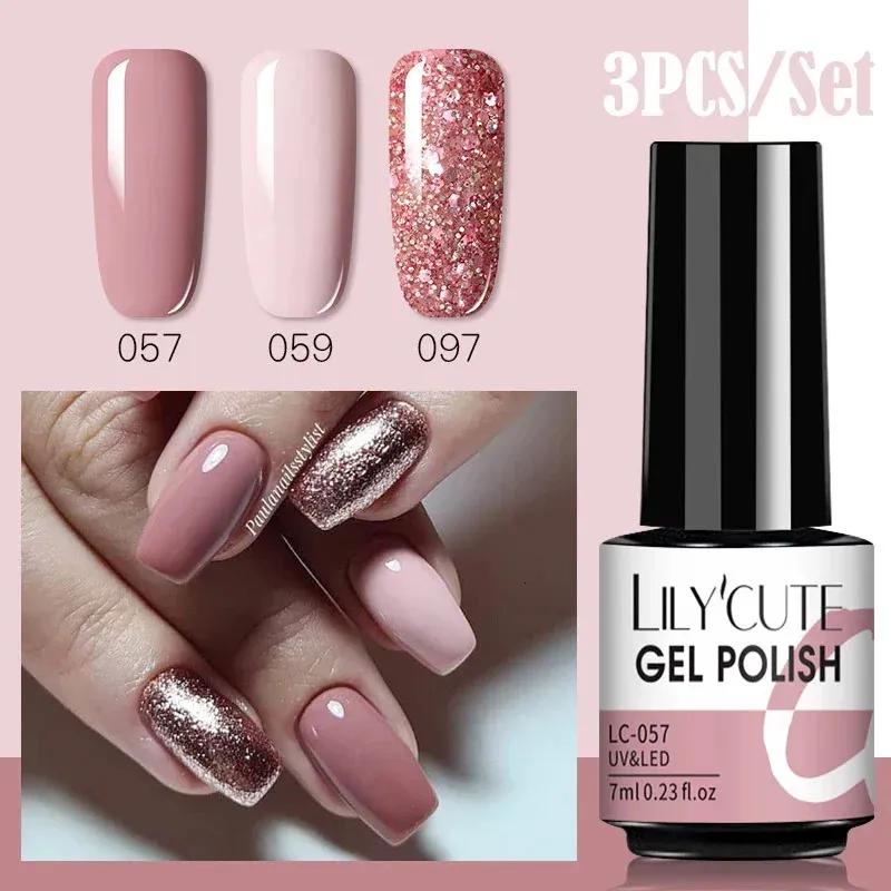 Lilycute 3pcs Rose Gel Gel Ruin de vernis à ongles Set paillettes semi-permanente Base Top Coat UV Art Design Hybrid 240425