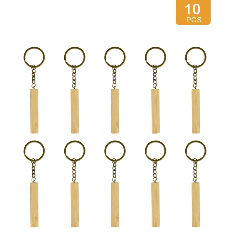 10 Sets Bambus-PU-Leder-Long-Streifen-Schlüsselanhänger mit Eisenmetallringen und High-End-Vintage-Lederverschluss
