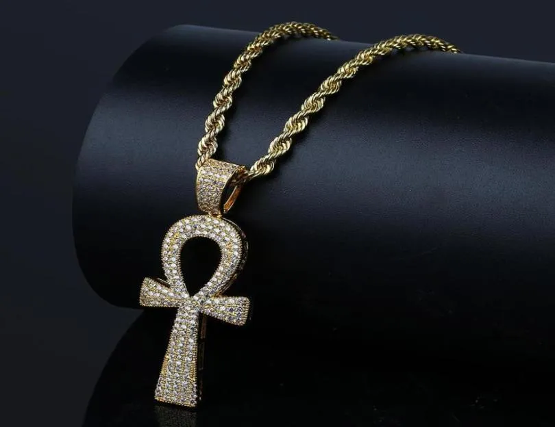 Hip Hop Silver/Gold Color Jesus egípcio Ankh Pingente colares de zircônia cúbica para masculino e mulher6943950