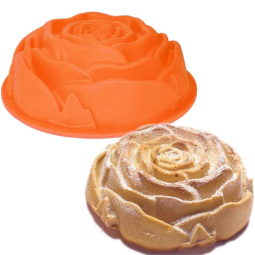 Moules 9,45 "Big Rose Flower Birthday Cake Moule de gâteau en silicone Poule de boulangerie Moule de silicone pour anniversaire Moule de pain de gâteau au fromage