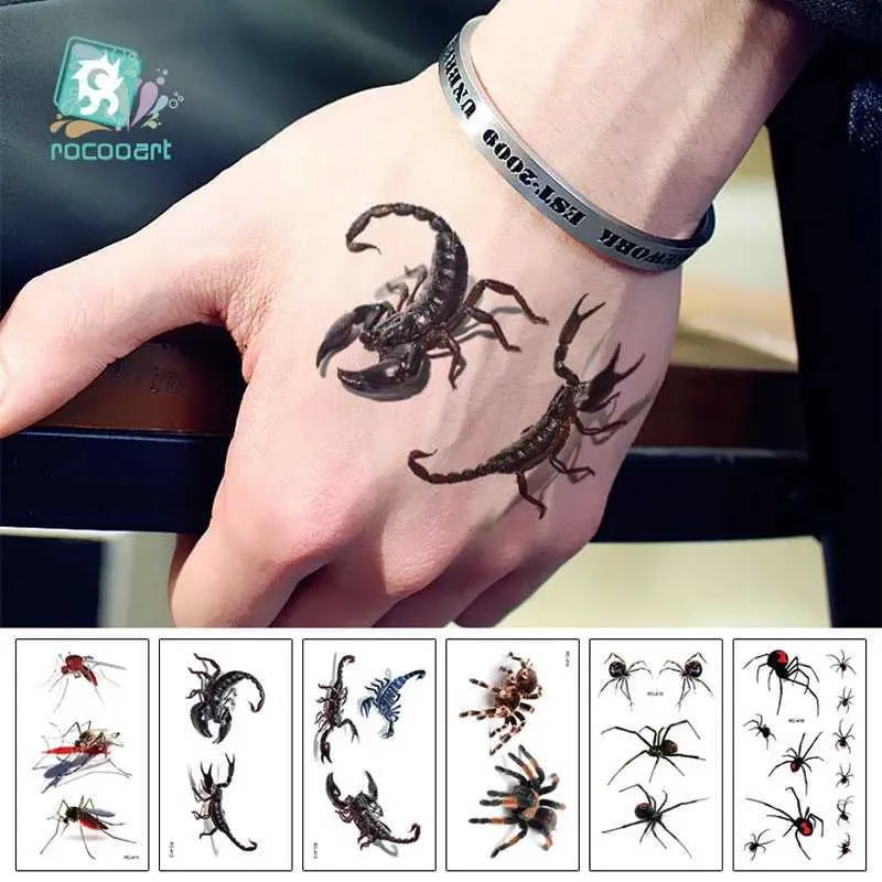 Передача татуировки Rocooart 3D Scorpion Tattoo Stickers Паука временная татуировка Хэллоуин Шутка поддельная тату
