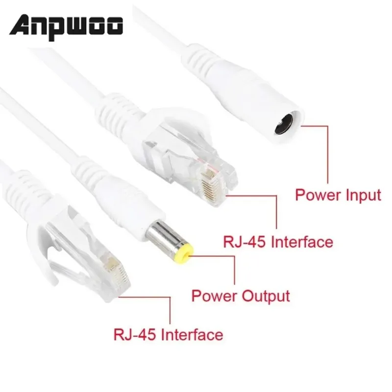 ANPWOO POE -Adapterkabel RJ45 -Kabelscheibe über Ethernet Adapte Injector Splitter DC 12 V 1 Paar für IP -Kamera