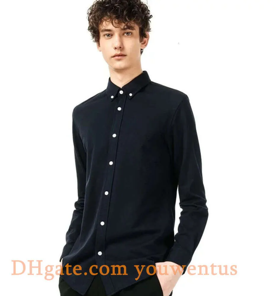 Mens Casual Shirts Spring and Autumn High Quality Business Classic Fashion Long Sleeve Shirt Solid Color Alligator Embroidery Badge Decoration Blue Plus Size L3F