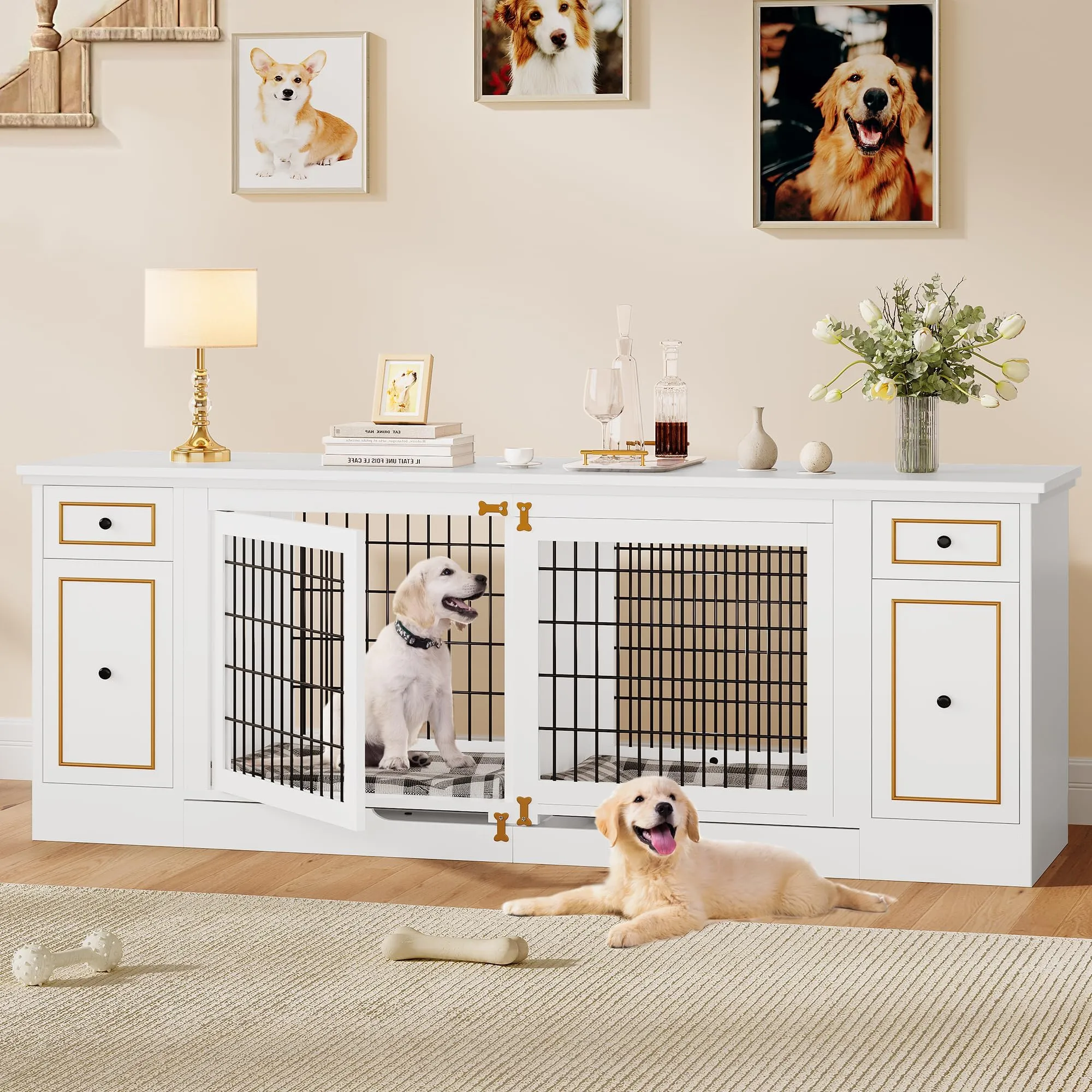 Dog Crate Furniture Table: Double Wooden Dog House With Storage