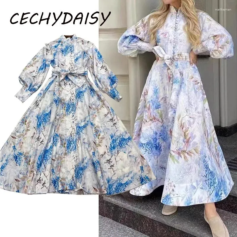 Robes décontractées Blouse de piste pour femmes collier collier bule fleur imprimée lanterne manche de concepteur à poitrine simple en vêtements vestidos