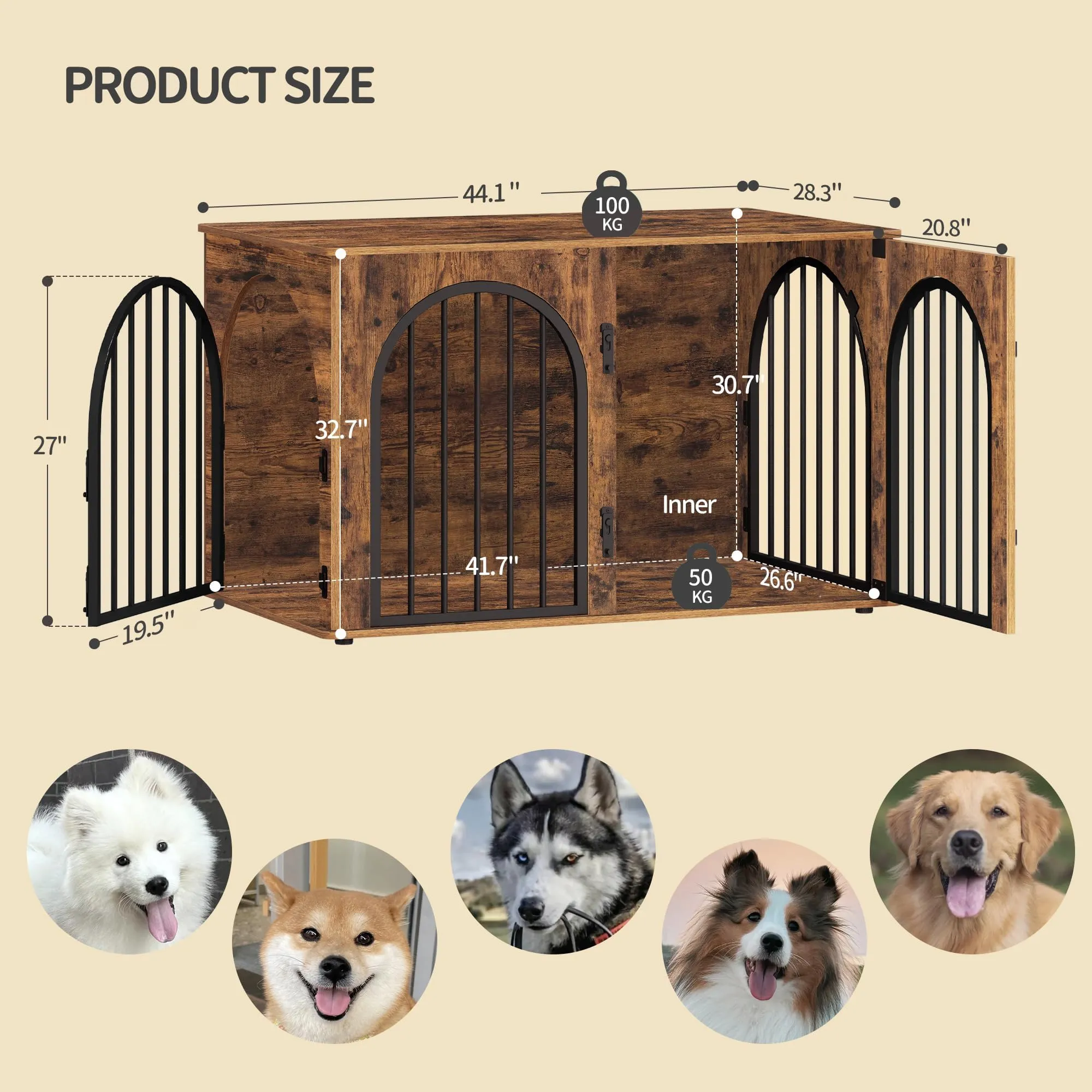 BEURUKU 48" Dog Crate Furniture – Heavy Duty Kennel With Tabletop & 2 Adjustable Bowls, Brown