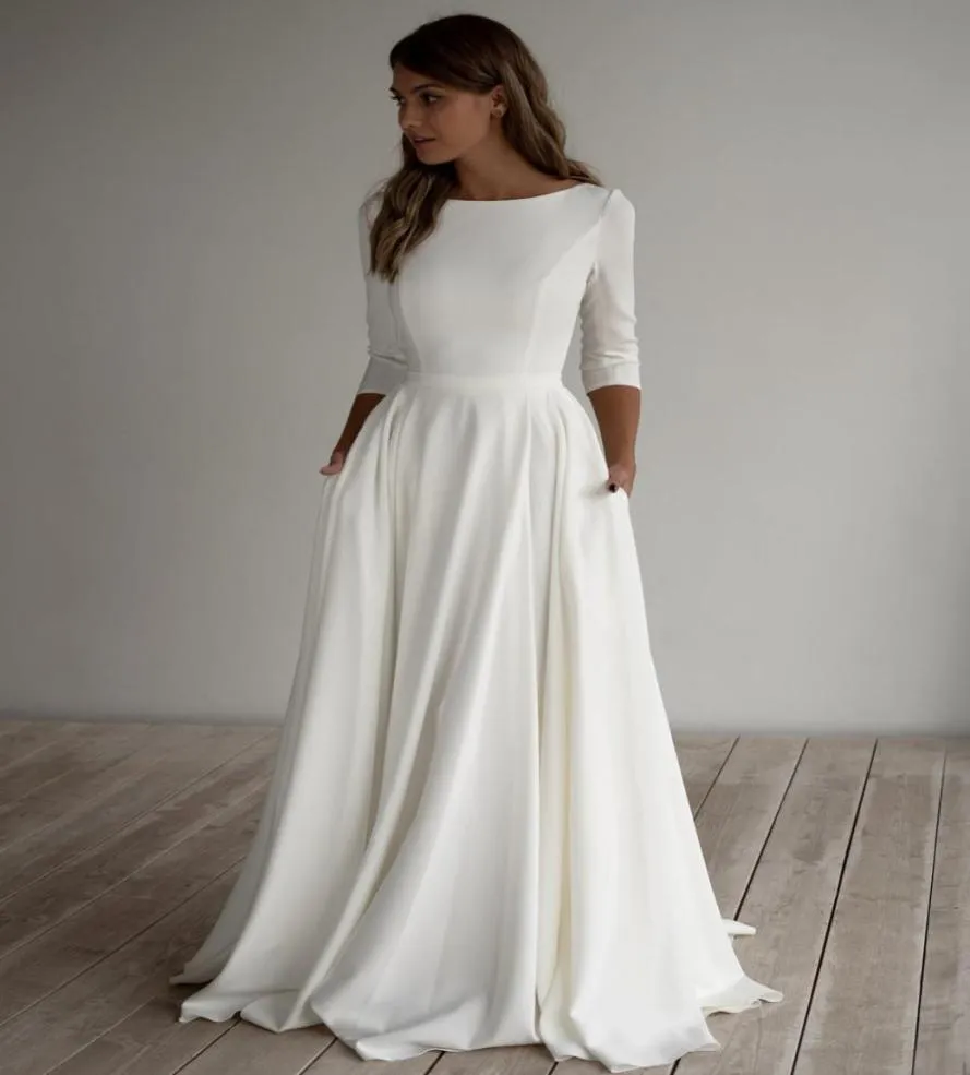 2020 Aline Crepe Modest Wedding Vestido de boda Mangas largas Train Pockest Sweet Simple Elegant Informal Boho Gowns Bridal manga M3295308