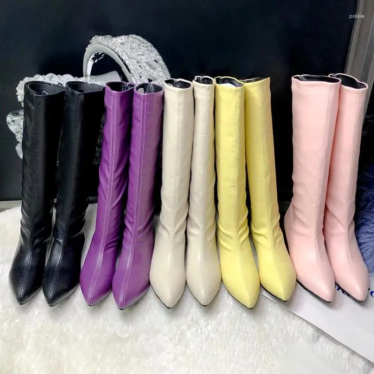 Boots PXELENA Autumn 2024 Candy Color Knee High Lady Girls Sweet Shoes Low Heel Slip On Riding Long Plus Size Pink Purple