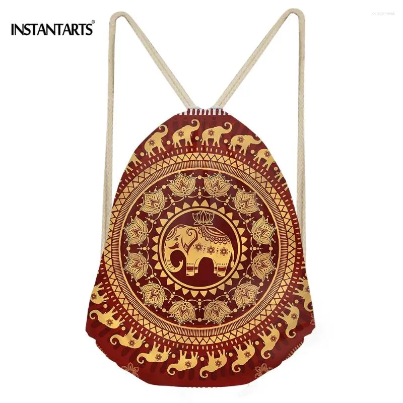 Drawstring INSTANTARTS Women Casual Bag 3D Elephants Print Fashion Sack Mandala Floral Men Backpack Beach Travel Cinch