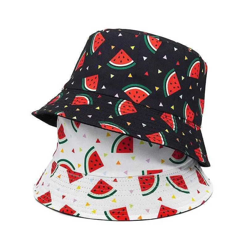 Breda Brim Hats Bucket 2024 Retro Tryckt fiskehatt Summer Fisherman Reversible Watermelon Womens Street Hip Hop Q240427