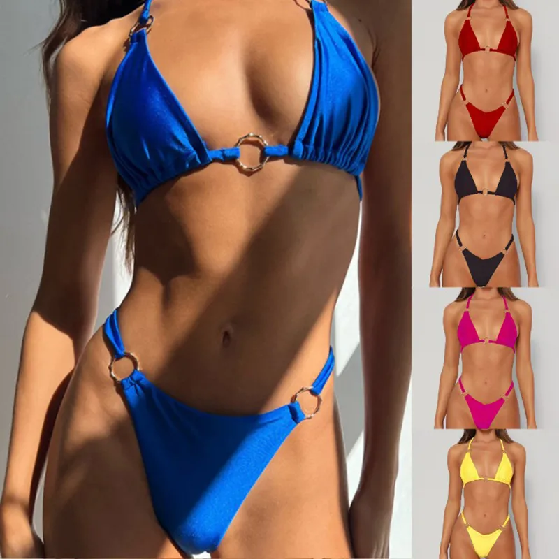 Designerinnen Frauen Bikini Set sexy weibliche Metallring -Badebekleidung Kleidung Mädchen Dreieck Schnürung Badeanzug