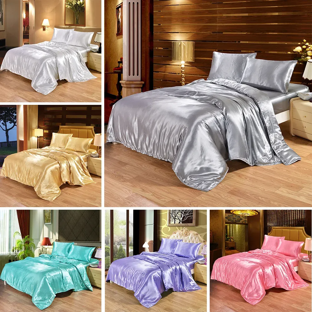 Pieces 4 Bedding Set Luxury Satin Silk Queen King Size Bed Set Comforter Quilt Duvet Cover Flat and Fitted Bed Sheet Bedcloth 3 pcs Black pink blue