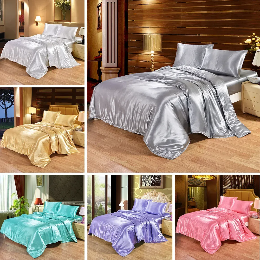 Peças 4 Bedding Set Setin Cetin Silk Queen King Size Size Conjunto de quadro quadro de edredom de edredão de edredão plana e equipada com lençol de cama 3 pcs preto rosa azul