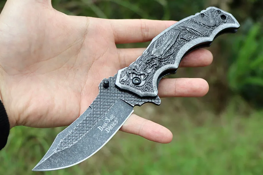 Dark Dragon Tactical Folling Knife 440C Stone Wash Blade Stalen handvat Camping Hunting Begeleide Flipper Pocket Knives