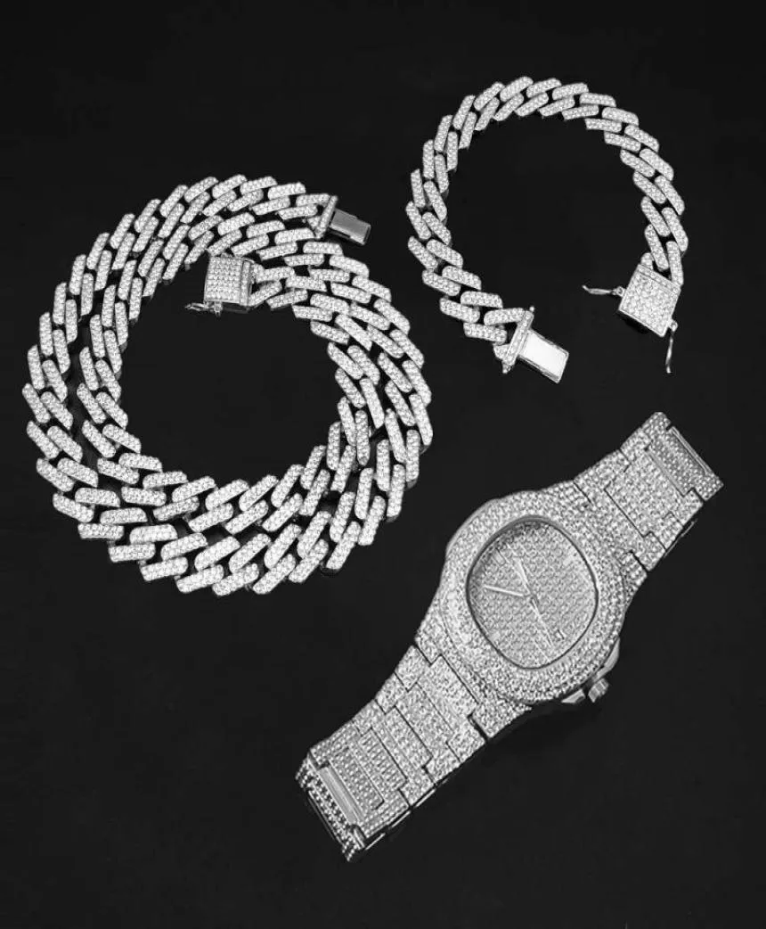 Boucles Collier Watch Bracelet Bling Iced Out Miami Zircon Cuban Link Prong Pave Pave Rimistone Jewelry Set for Mens Women4248600