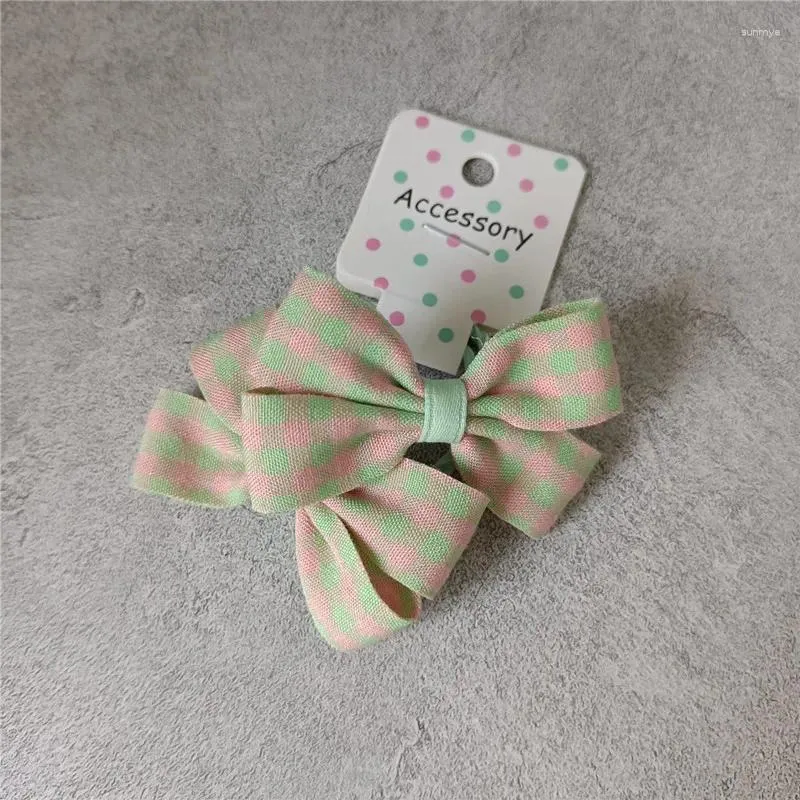 Accessoires de cheveux 2024 Printemps / été pastoral doux bébé et petite fille en cuir groupe rose vert vérifié à coffre à nœud arc