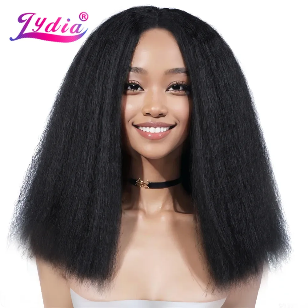 Wigs Lydia Synthetic 15Inch Wigs Kinky Straigt Neat Hair Kanekalon Heat Resistant African American With Skin Topper Full Daily