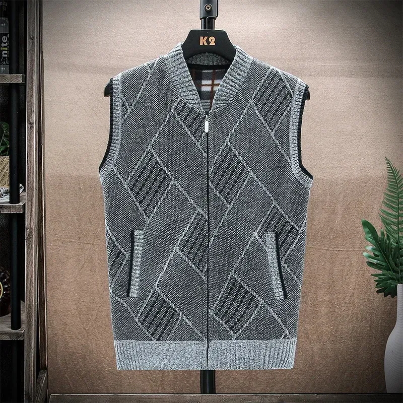 Sweaters Men's Wool Sweaters Vest Autumn Winter Fleece Warm Casual Zipper Cashmere Sleeveless Solid Sweater Knitted Veste Men Clothes